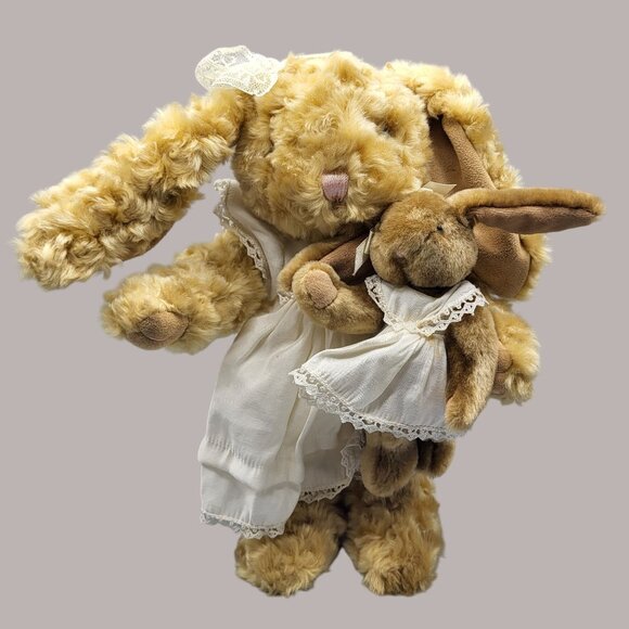 Vintage MTY Dandee Bunny Rabbit with Baby Plush Set Laced Dress Nightgown 15 in - Picture 1 of 14